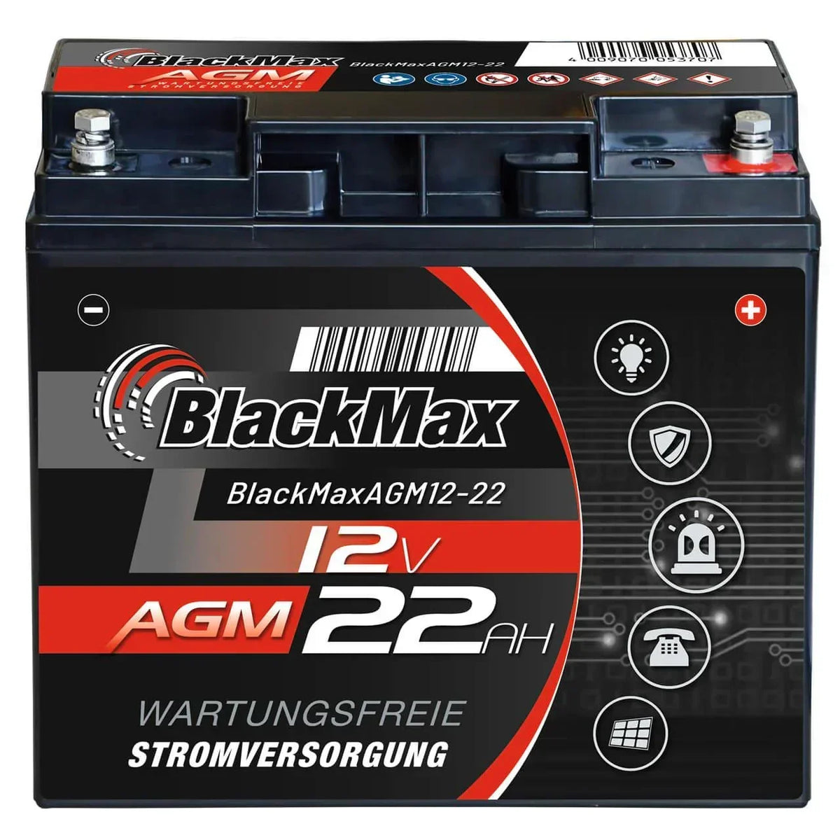USV Alarmanlage Notstrom Batterie BlackMax AGM 12V 22Ah Front