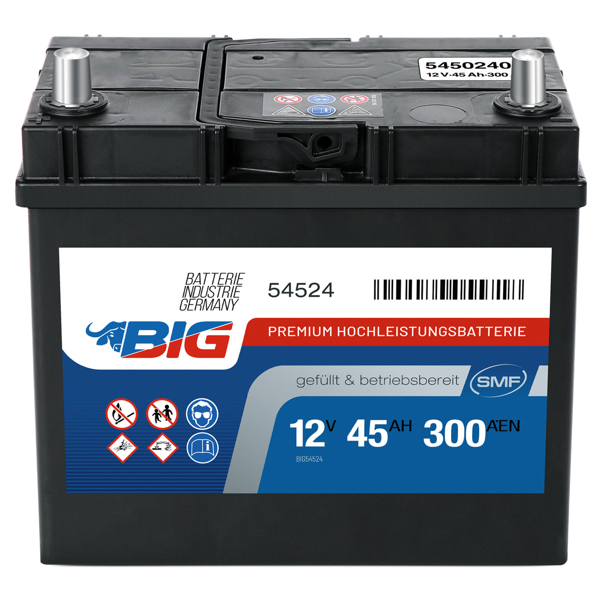 BIG ASIA Autobatterie 12V 45Ah Starterbatterie 54524 Pluspol links