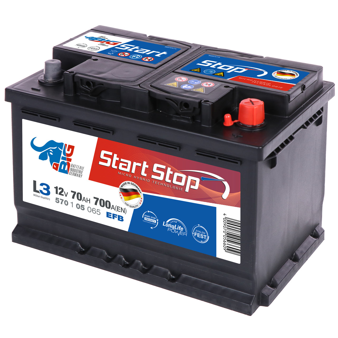 BIG AGM Autobatterie 12V 70Ah Start-Stop 68Ah