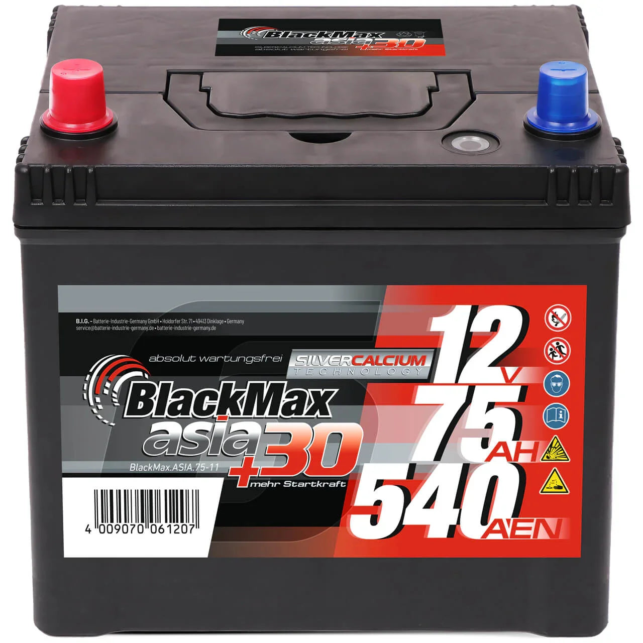BlackMax ASIA 75-01 Autobatterie - 12V, 75Ah, 540A/EN, Pluspol Rechts, Neu