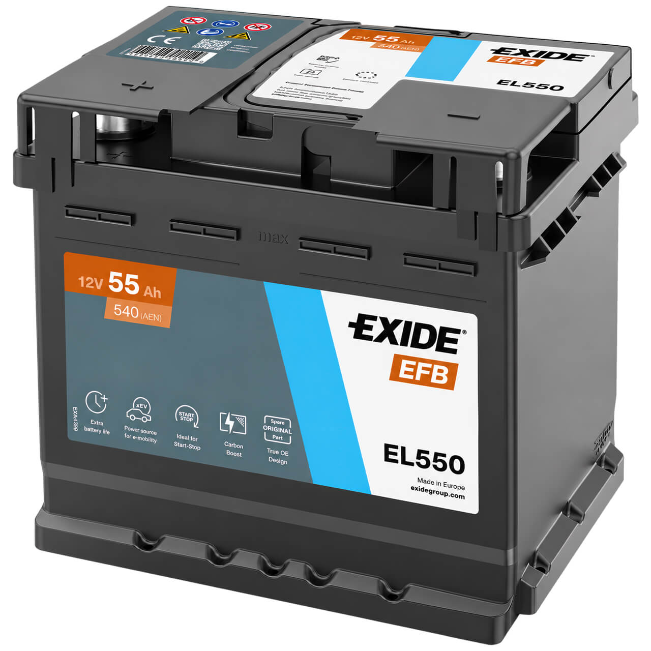 Autobatterie Exide Carbon Boost 2.0 EFB EL550 12V 55Ah Seite rechts