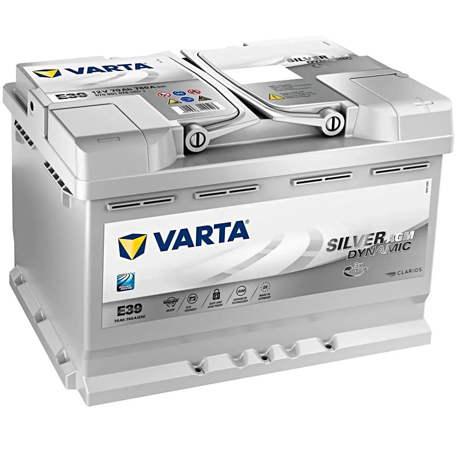 Autobatterie Varta Silver Dynamic AGM Start Stop E39 12V 70Ah 570901078D852 Seite links