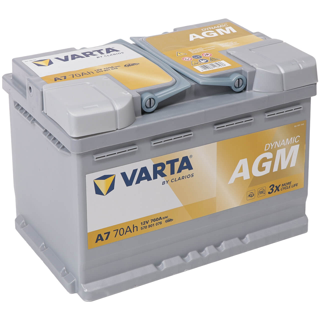Autobatterie Varta Silver Dynamic AGM xEV Start Stop A7 12V 70Ah 570901076J382 Seite links