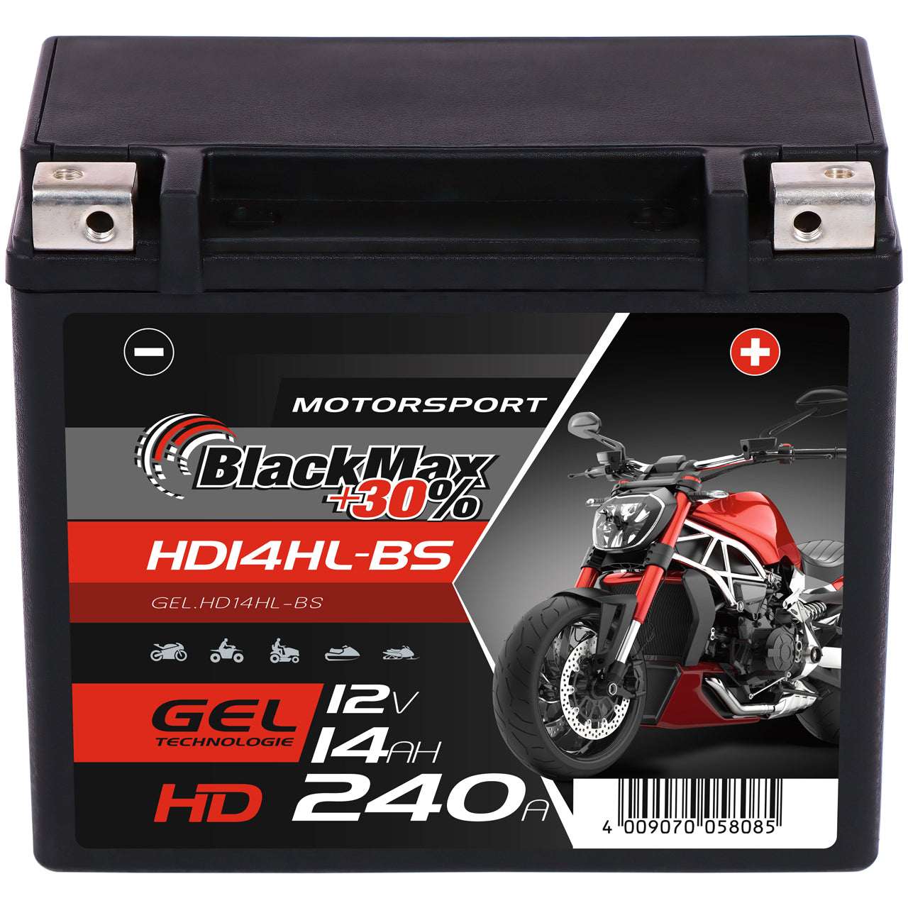 BlackMax +30% Motorsport HD YTX14HL-BS GEL 12V 14Ah 240A/EN