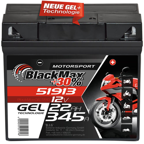 BlackMax +30% Motorsport 51913 GEL 12V 22Ah 345A/EN Motorradbatterie