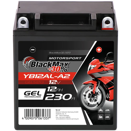 BlackMax +30% Motorsport YB12AL-A2 51213 GEL 12V 12Ah 230A/EN Motorradbatterie