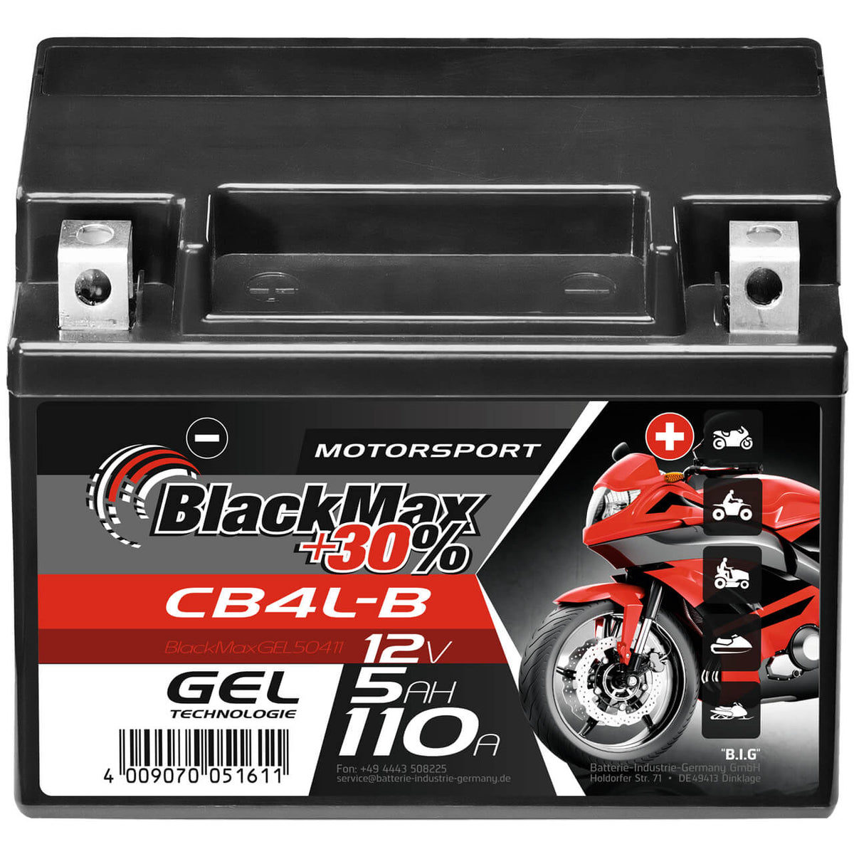 Motorradbatterie BlackMax Motorsport GEL YB4L-B 50411 12V 5Ah Front