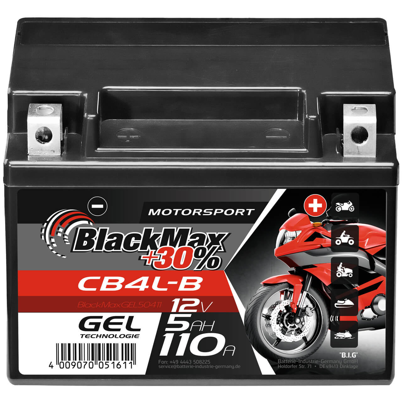Motorradbatterie BlackMax Motorsport GEL YB4L-B 50411 12V 5Ah Front
