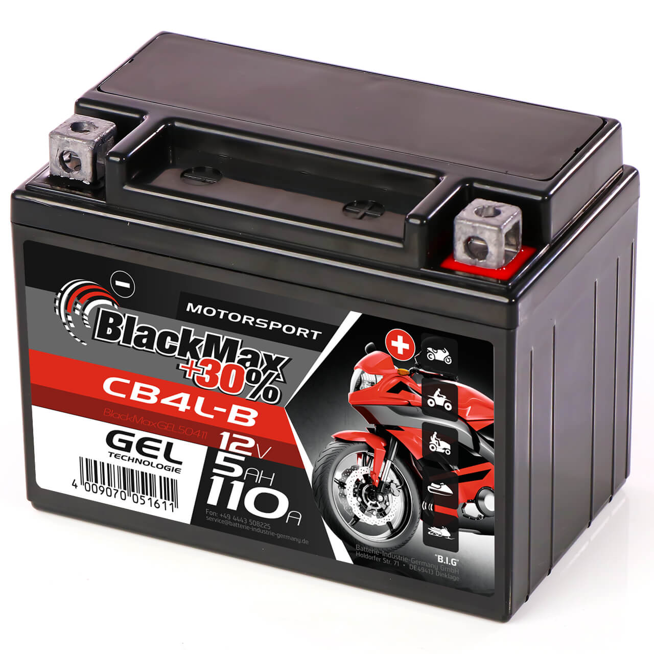 Motorradbatterie BlackMax Motorsport GEL YB4L-B 50411 12V 5Ah Seite rechts
