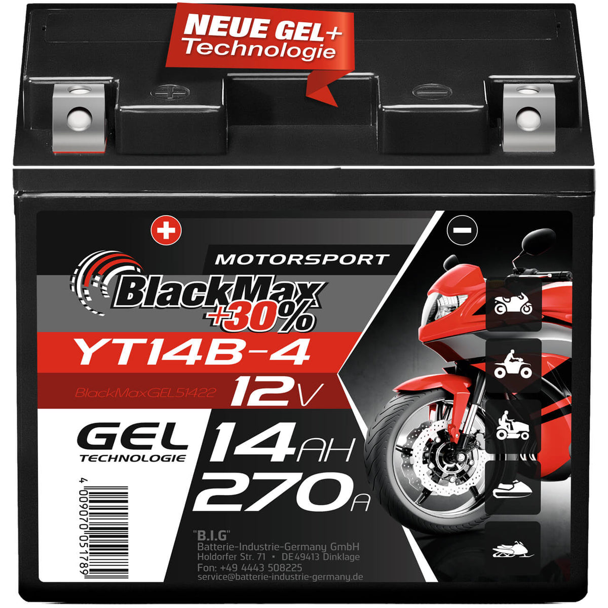 Motorradbatterie BlackMax Motorsport GEL YT14B-4 51422 12V 14Ah Front