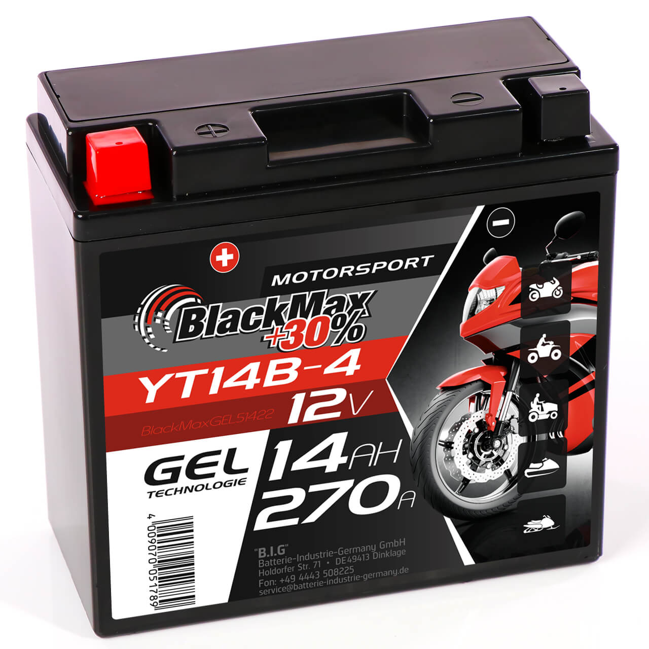 Motorradbatterie BlackMax Motorsport GEL YT14B-4 51422 12V 14Ah Seite links