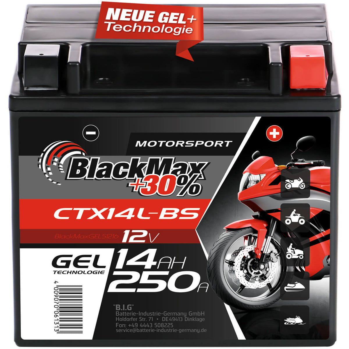 BlackMax +30% Motorsport YTX14L-BS 51216 GEL 12V 14Ah 250A/EN Motorradbatterie