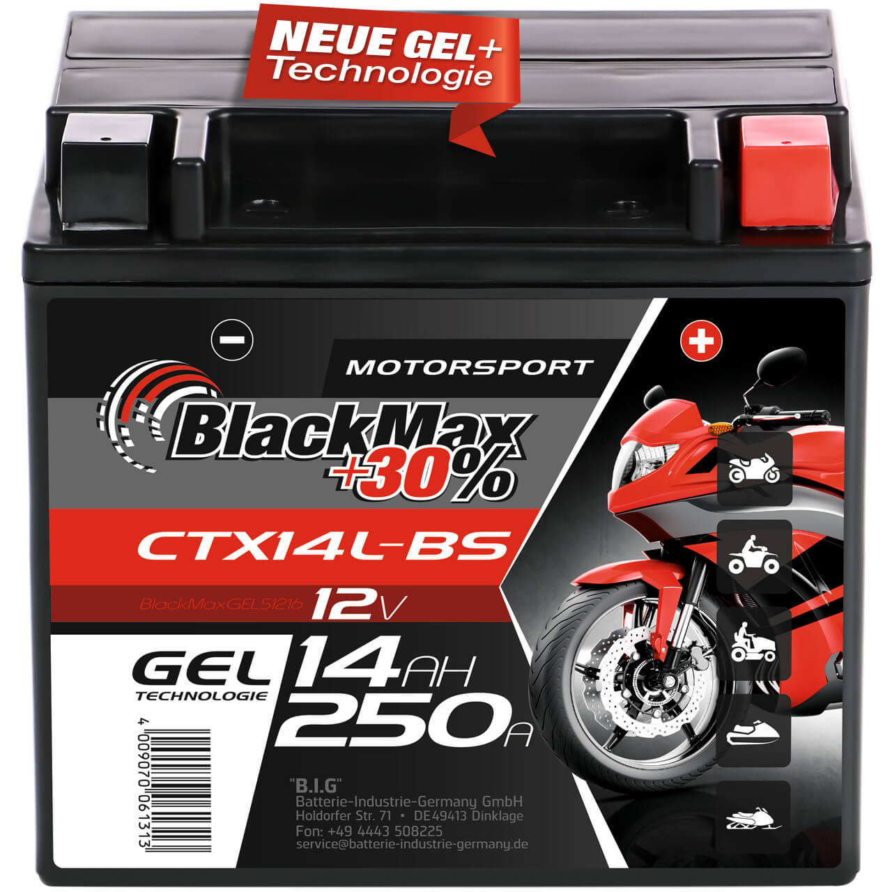 BlackMax +30% Motorsport YTX14L-BS 51216 GEL 12V 14Ah 250A/EN Motorradbatterie