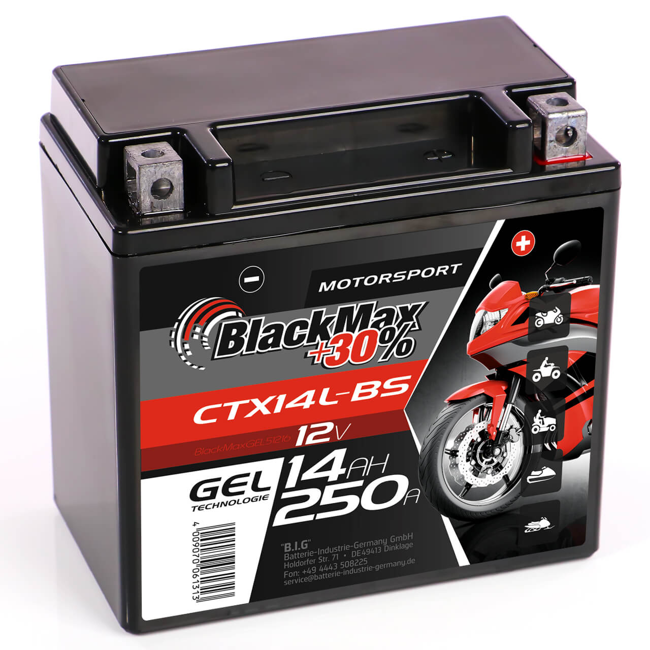 BlackMax +30% Motorsport YTX14L-BS 51216 GEL 12V 14Ah 250A/EN Motorradbatterie