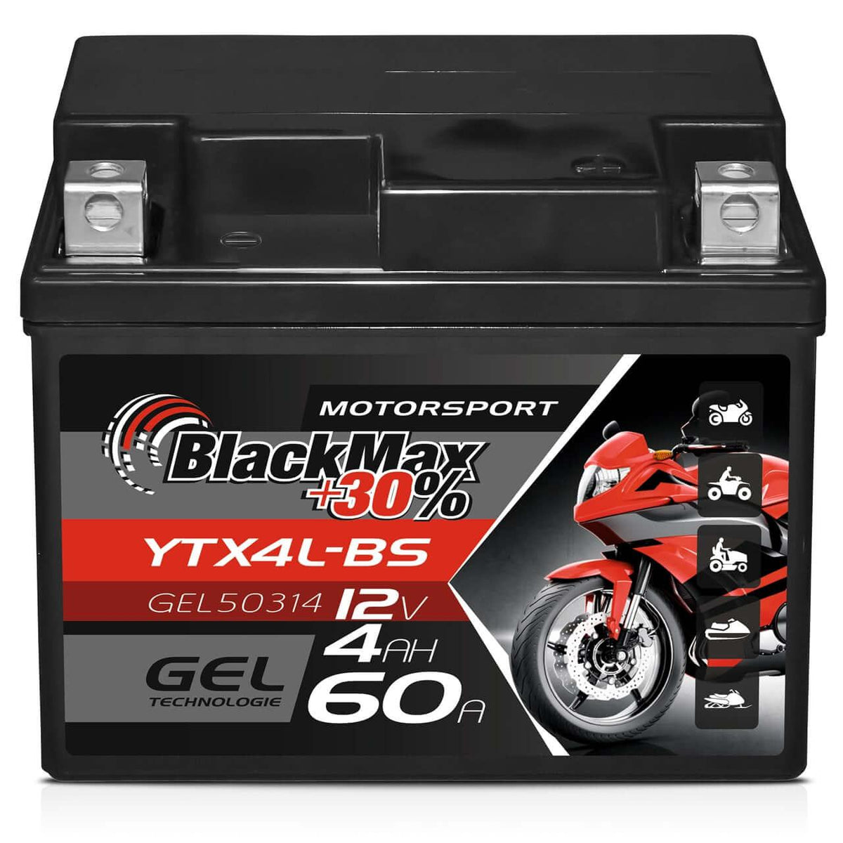 Motorradbatterie BlackMax Motorsport GEL YTX4L-BS 50314 12V 4Ah Front