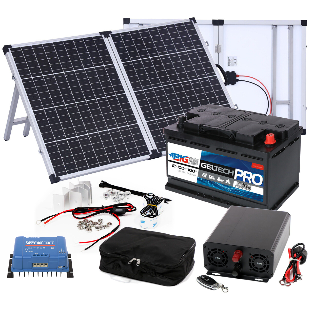 BIG Power Grid Solaranlage 12V 600W Inverter + faltbares 100W Panel Monokristallin + Victron Smart Solar MPPT 100/30