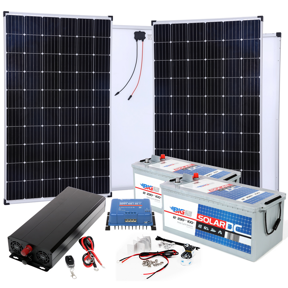 BIG Power Grid Solaranlage 24V 2000W Inverter + 2x 300W Panel Monokristallin