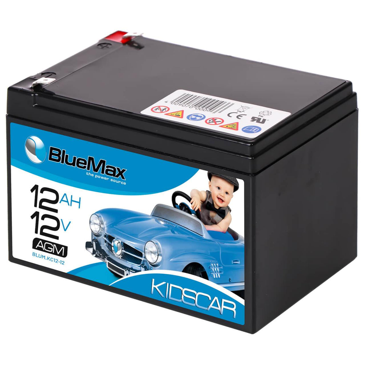 Kinder Elektrofahrzeug Batterie BLUEMAX KidsCar AGM 12V 12Ah Seite rechts